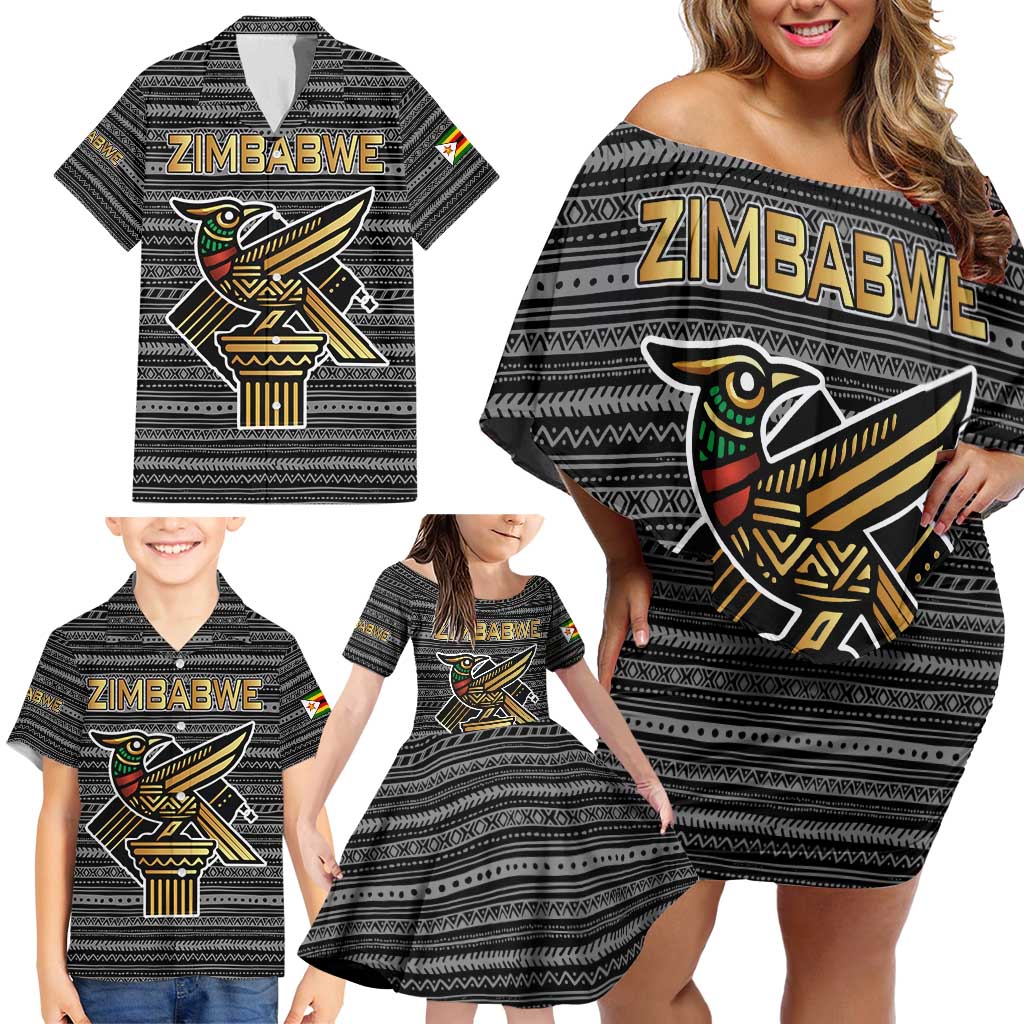 Zimbabwean Bird Statue Family Matching Off Shoulder Short Dress and Hawaiian Shirt Tribal Pattern with National Flag Patch and Heritage Symbol