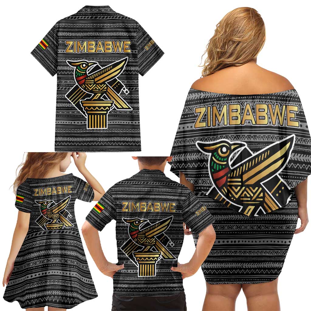 Zimbabwean Bird Statue Family Matching Off Shoulder Short Dress and Hawaiian Shirt Tribal Pattern with National Flag Patch and Heritage Symbol