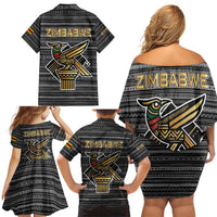Zimbabwean Bird Statue Family Matching Off Shoulder Short Dress and Hawaiian Shirt Tribal Pattern with National Flag Patch and Heritage Symbol