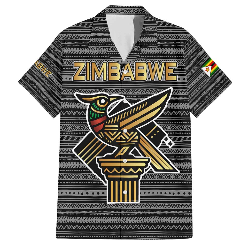 Zimbabwean Bird Statue Family Matching Off Shoulder Short Dress and Hawaiian Shirt Tribal Pattern with National Flag Patch and Heritage Symbol