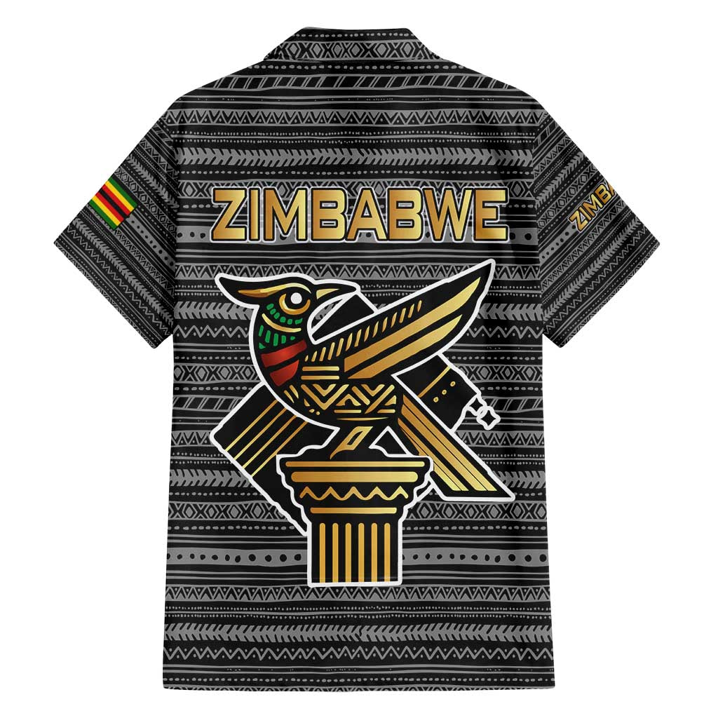 Zimbabwean Bird Statue Family Matching Off Shoulder Short Dress and Hawaiian Shirt Tribal Pattern with National Flag Patch and Heritage Symbol