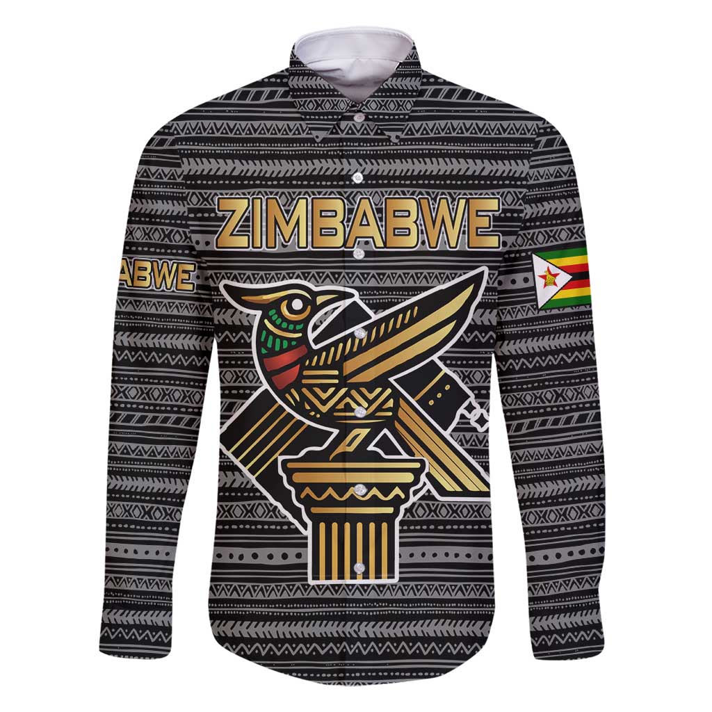 Zimbabwean Bird Statue Family Matching Off Shoulder Short Dress and Hawaiian Shirt Tribal Pattern with National Flag Patch and Heritage Symbol