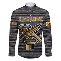 Zimbabwean Bird Statue Family Matching Off Shoulder Short Dress and Hawaiian Shirt Tribal Pattern with National Flag Patch and Heritage Symbol