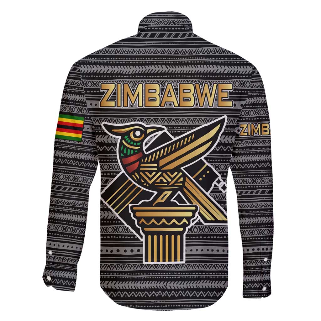 Zimbabwean Bird Statue Family Matching Off Shoulder Short Dress and Hawaiian Shirt Tribal Pattern with National Flag Patch and Heritage Symbol