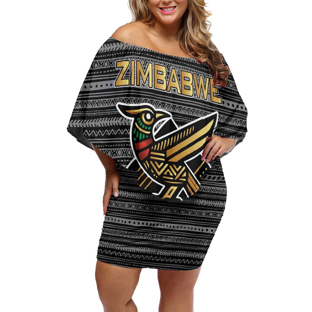 Zimbabwean Bird Statue Family Matching Off Shoulder Short Dress and Hawaiian Shirt Tribal Pattern with National Flag Patch and Heritage Symbol