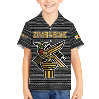 Zimbabwean Bird Statue Family Matching Off Shoulder Short Dress and Hawaiian Shirt Tribal Pattern with National Flag Patch and Heritage Symbol