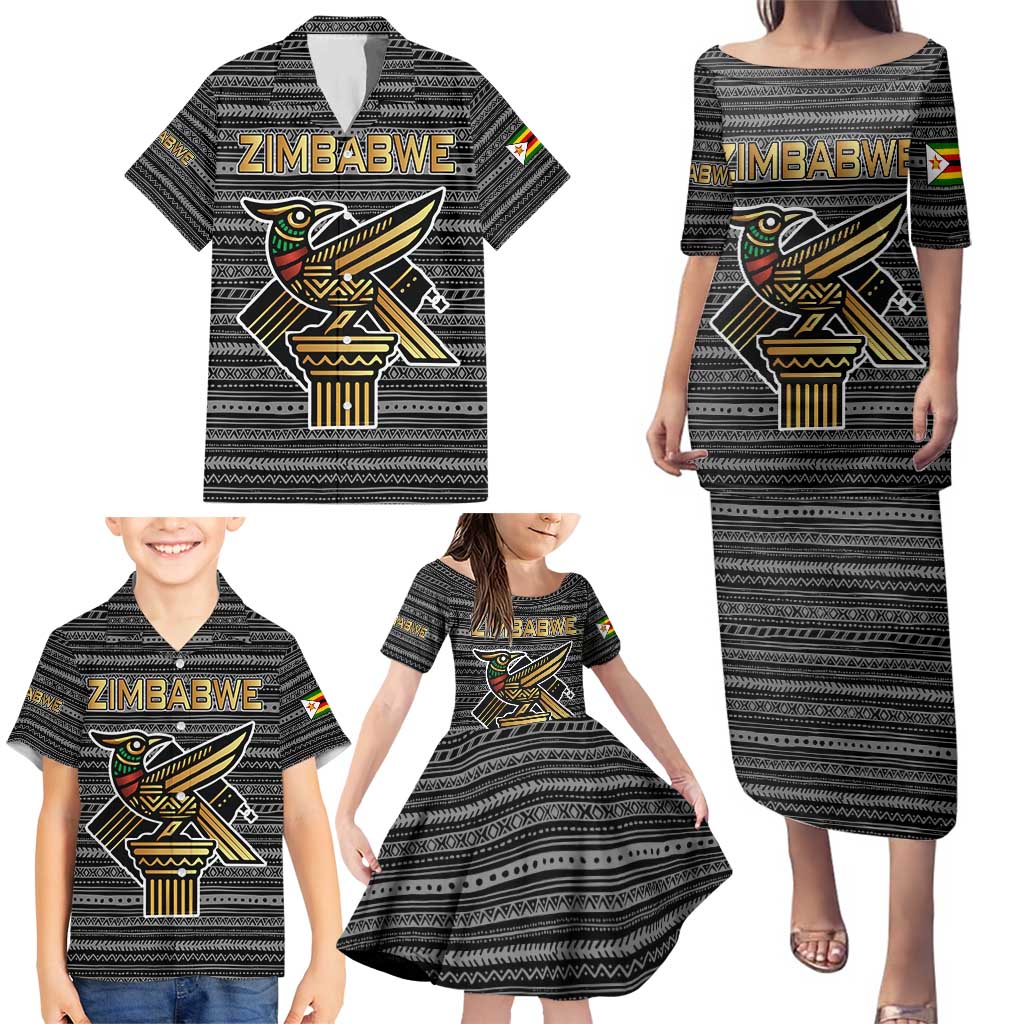 Zimbabwean Bird Statue Family Matching Puletasi and Hawaiian Shirt Tribal Pattern with National Flag Patch and Heritage Symbol