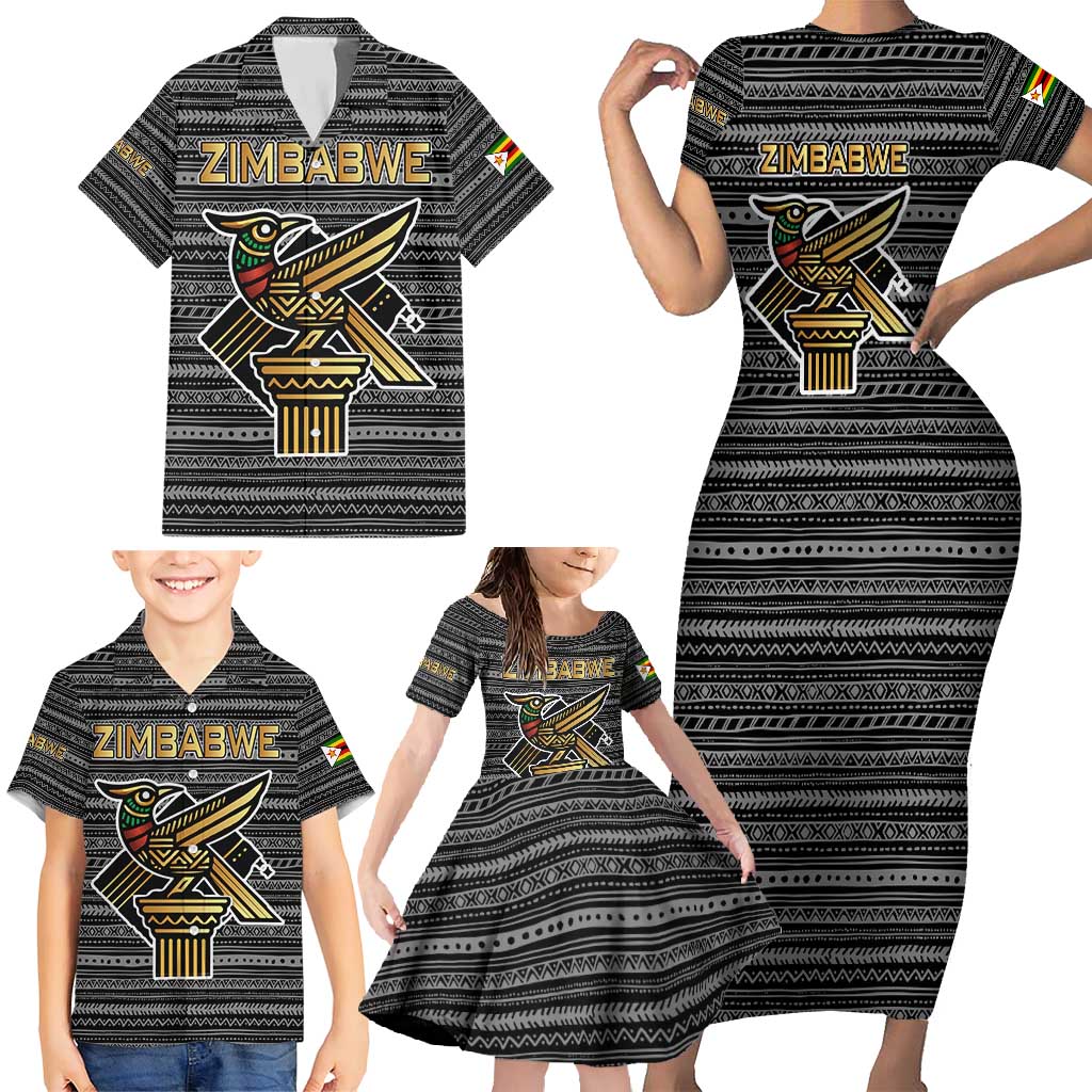 Zimbabwean Bird Statue Family Matching Short Sleeve Bodycon Dress and Hawaiian Shirt Tribal Pattern with National Flag Patch and Heritage Symbol