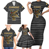 Zimbabwean Bird Statue Family Matching Short Sleeve Bodycon Dress and Hawaiian Shirt Tribal Pattern with National Flag Patch and Heritage Symbol