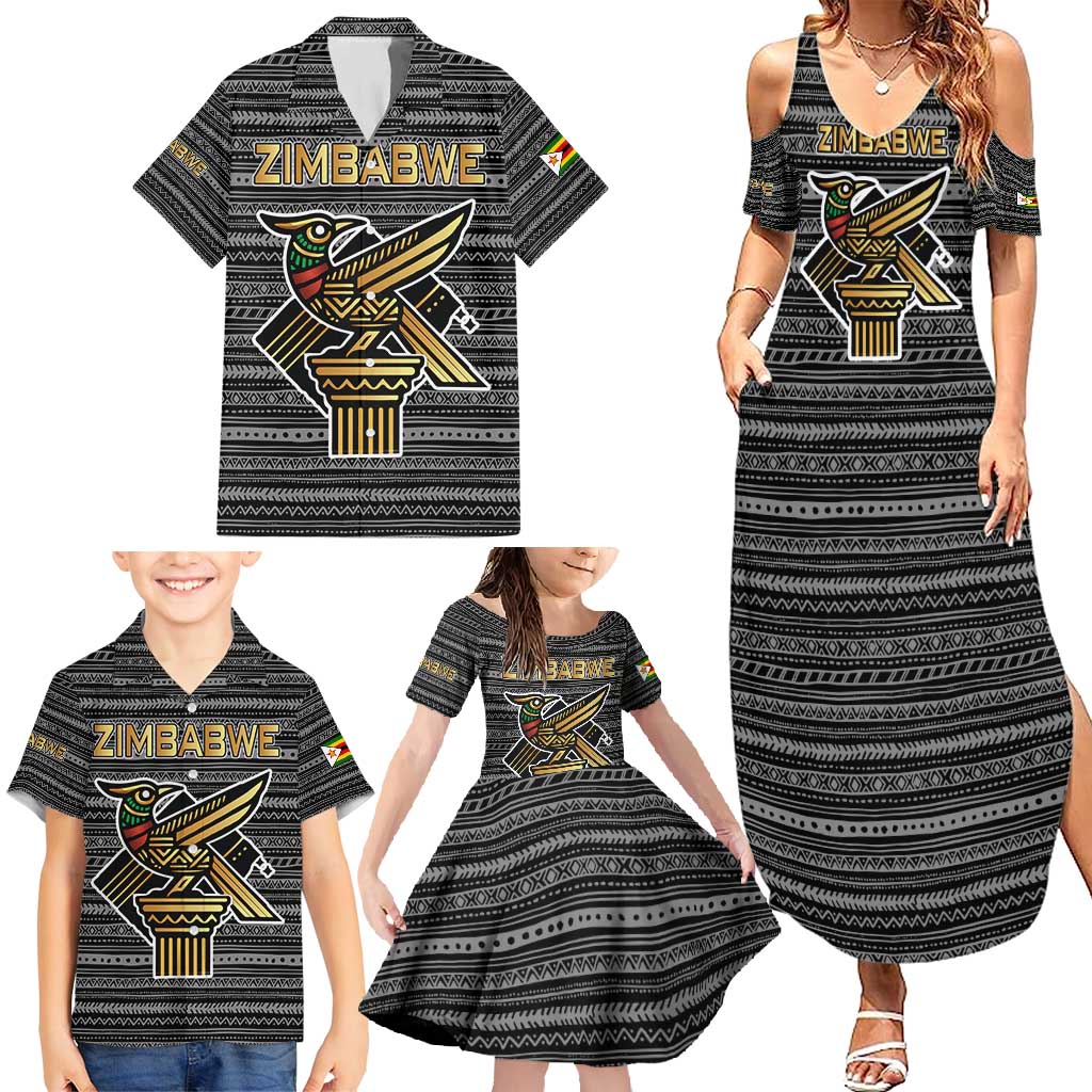 Zimbabwean Bird Statue Family Matching Summer Maxi Dress and Hawaiian Shirt Tribal Pattern with National Flag Patch and Heritage Symbol