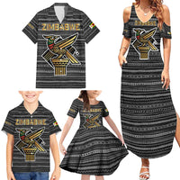 Zimbabwean Bird Statue Family Matching Summer Maxi Dress and Hawaiian Shirt Tribal Pattern with National Flag Patch and Heritage Symbol