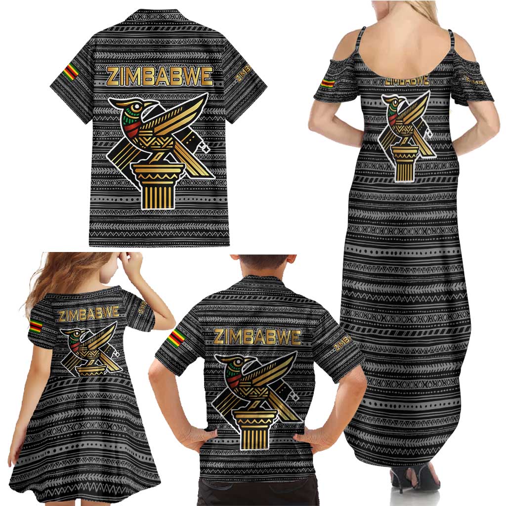 Zimbabwean Bird Statue Family Matching Summer Maxi Dress and Hawaiian Shirt Tribal Pattern with National Flag Patch and Heritage Symbol