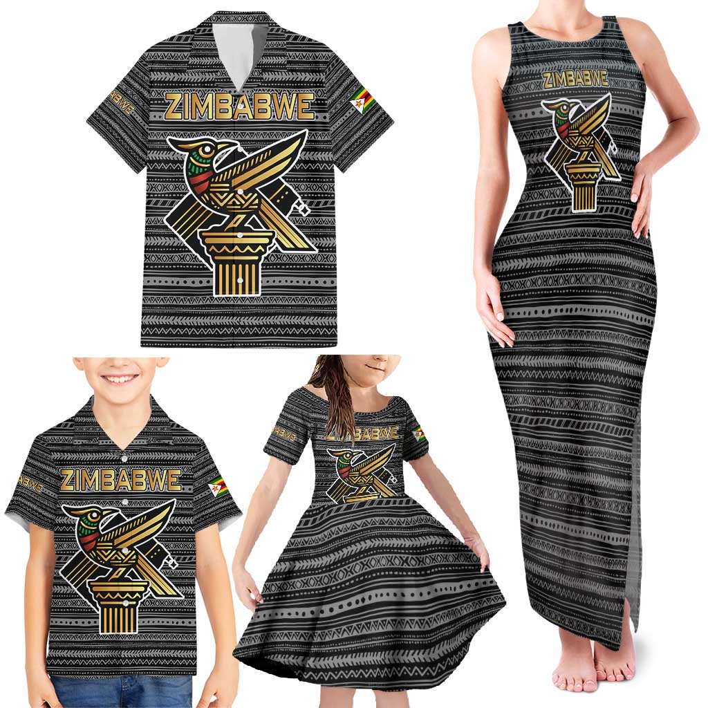 Zimbabwean Bird Statue Family Matching Tank Maxi Dress and Hawaiian Shirt Tribal Pattern with National Flag Patch and Heritage Symbol
