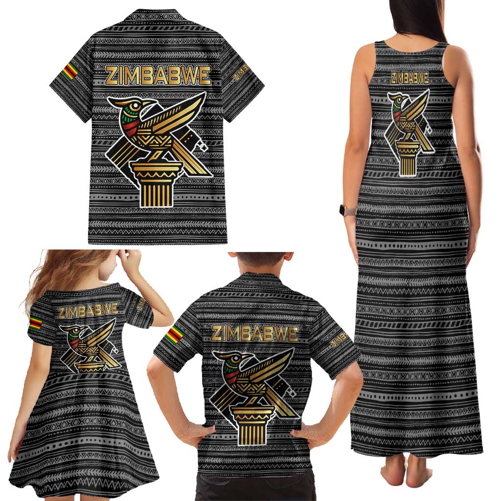 Zimbabwean Bird Statue Family Matching Tank Maxi Dress and Hawaiian Shirt Tribal Pattern with National Flag Patch and Heritage Symbol