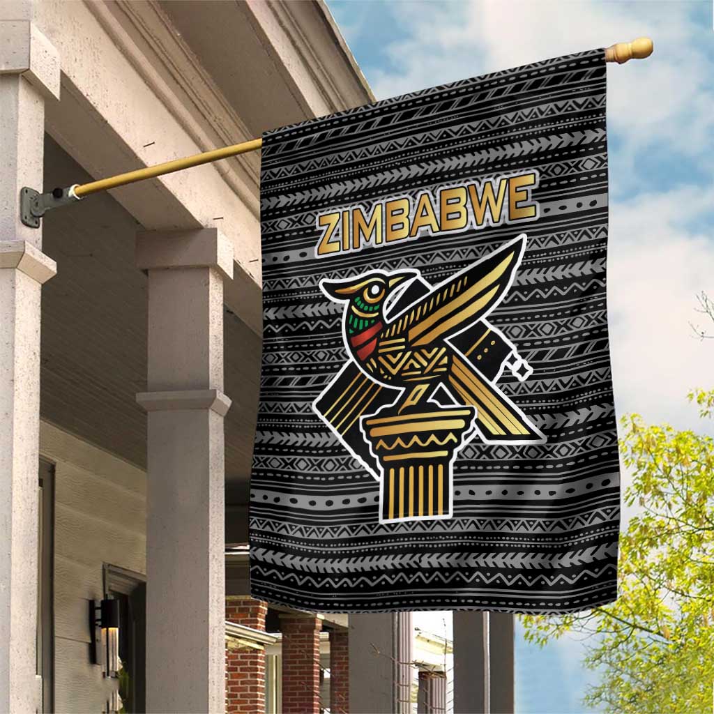 Zimbabwean Bird Statue Garden Flag Tribal Pattern with National Flag Patch and Heritage Symbol