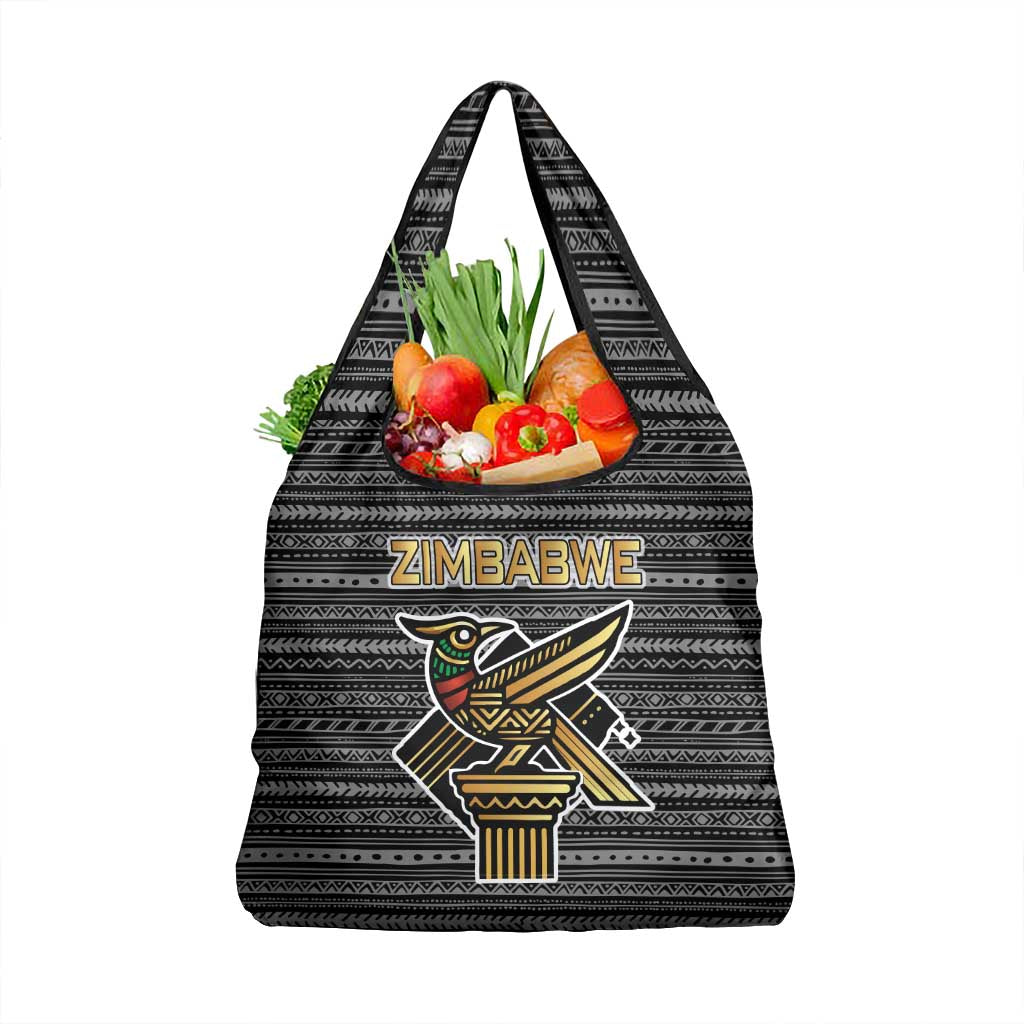 Zimbabwean Bird Statue Grocery Bag Tribal Pattern with National Flag Patch and Heritage Symbol
