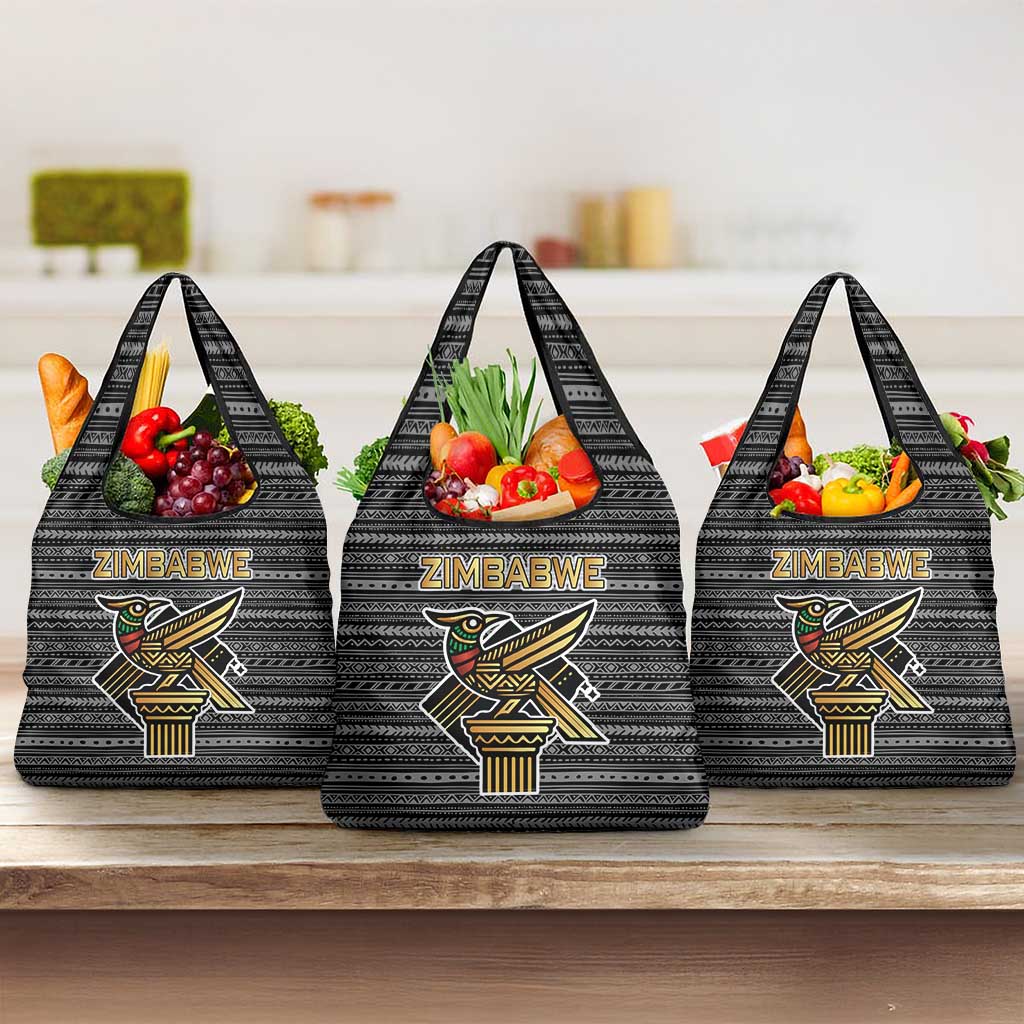 Zimbabwean Bird Statue Grocery Bag Tribal Pattern with National Flag Patch and Heritage Symbol