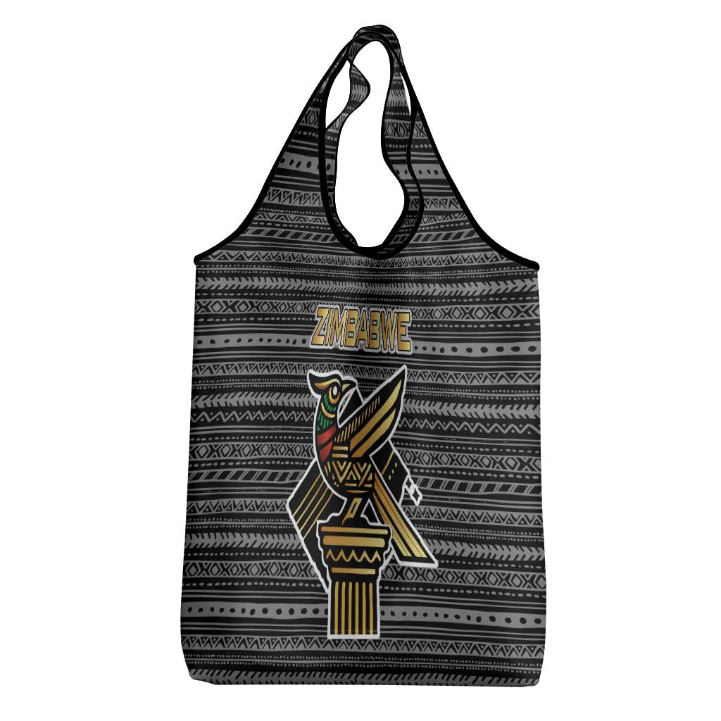 Zimbabwean Bird Statue Grocery Bag Tribal Pattern with National Flag Patch and Heritage Symbol