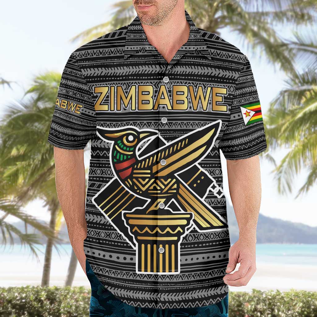 Zimbabwean Bird Statue Hawaiian Shirt Tribal Pattern with National Flag Patch and Heritage Symbol