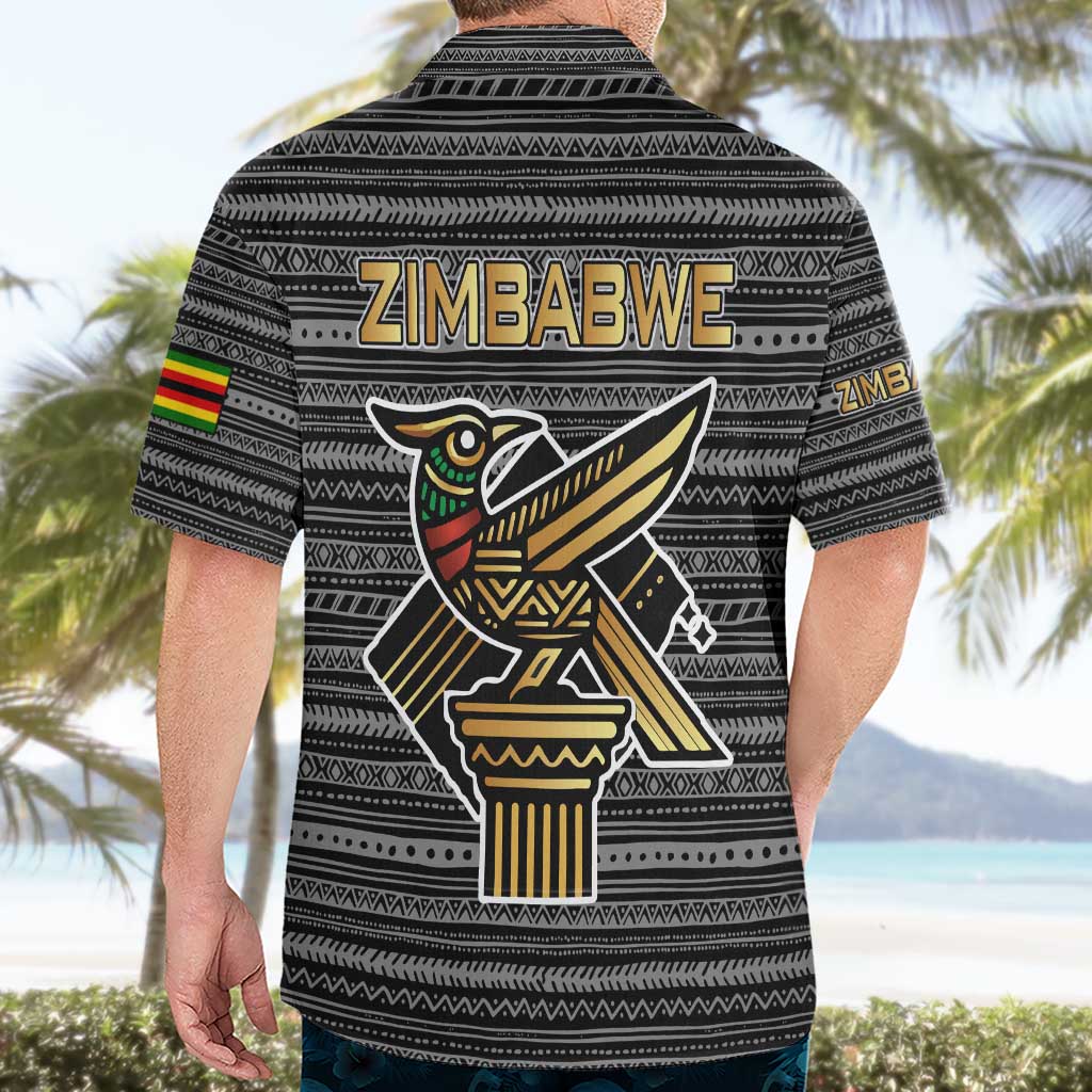 Zimbabwean Bird Statue Hawaiian Shirt Tribal Pattern with National Flag Patch and Heritage Symbol