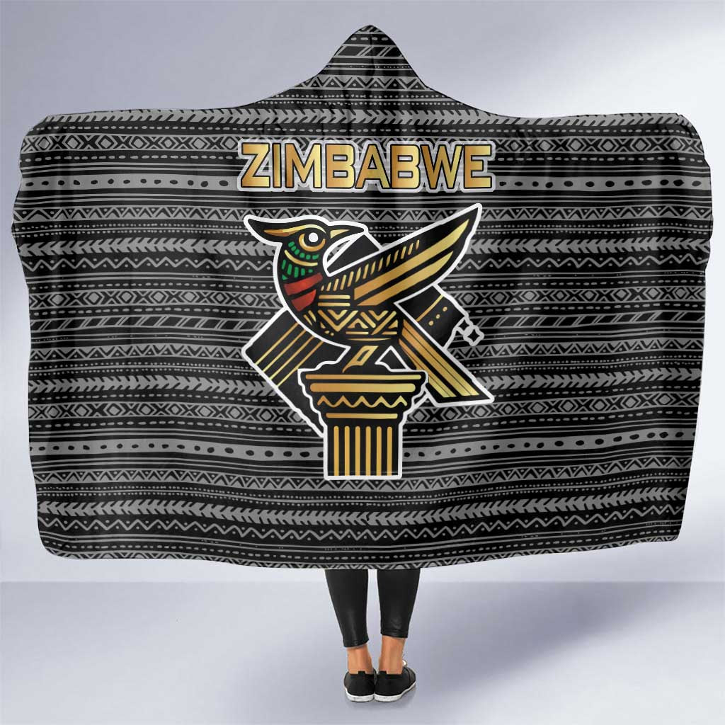 Zimbabwean Bird Statue Hooded Blanket Tribal Pattern with National Flag Patch and Heritage Symbol
