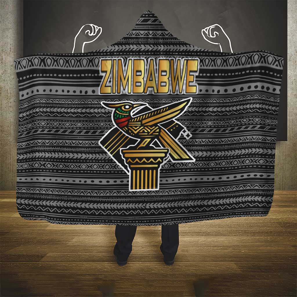Zimbabwean Bird Statue Hooded Blanket Tribal Pattern with National Flag Patch and Heritage Symbol