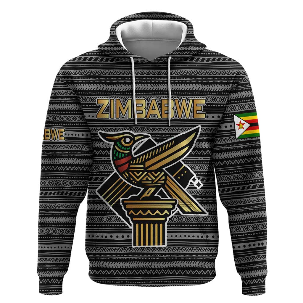 Zimbabwean Bird Statue Hoodie Tribal Pattern with National Flag Patch and Heritage Symbol