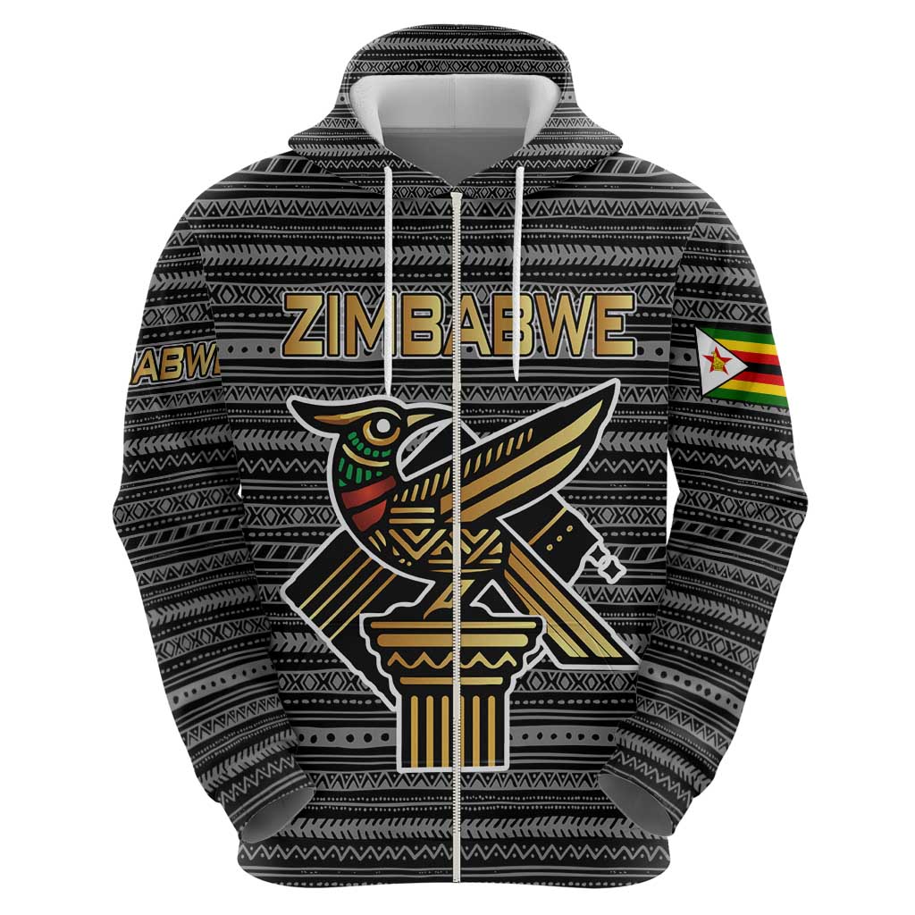 Zimbabwean Bird Statue Hoodie Tribal Pattern with National Flag Patch and Heritage Symbol