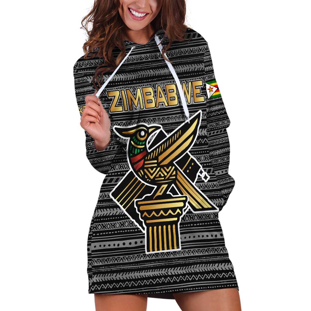 Zimbabwean Bird Statue Hoodie Dress Tribal Pattern with National Flag Patch and Heritage Symbol