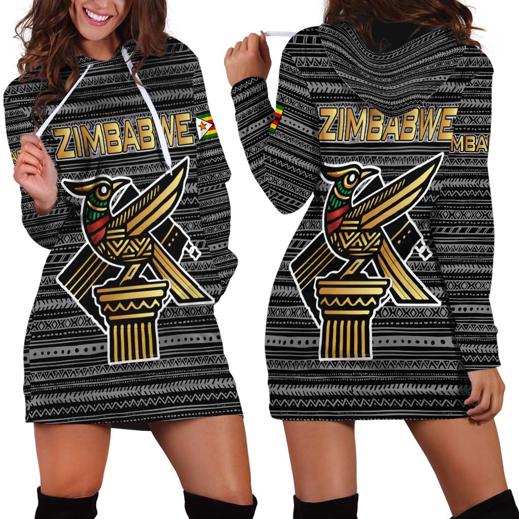 Zimbabwean Bird Statue Hoodie Dress Tribal Pattern with National Flag Patch and Heritage Symbol