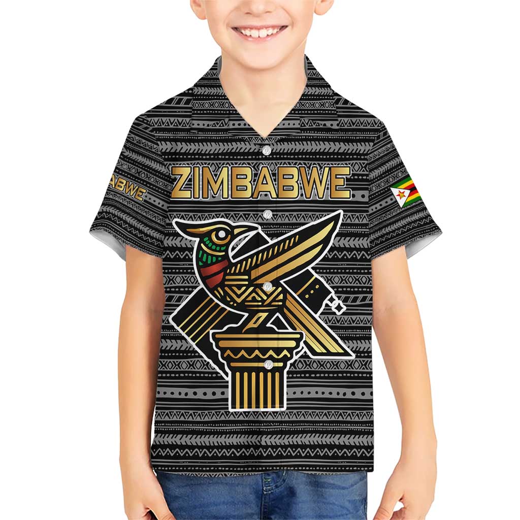 Zimbabwean Bird Statue Kid Hawaiian Shirt Tribal Pattern with National Flag Patch and Heritage Symbol