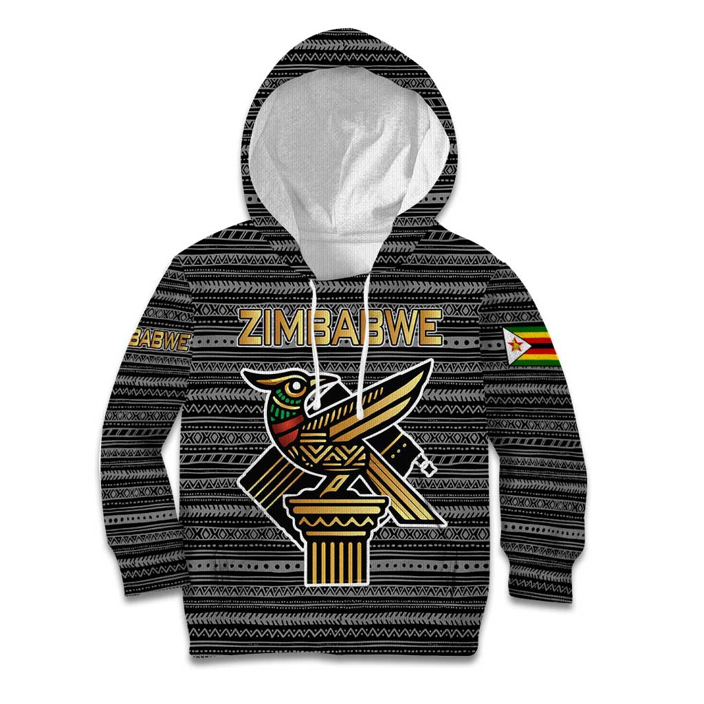 Zimbabwean Bird Statue Kid Hoodie Tribal Pattern with National Flag Patch and Heritage Symbol