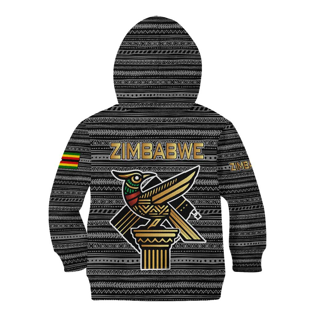 Zimbabwean Bird Statue Kid Hoodie Tribal Pattern with National Flag Patch and Heritage Symbol
