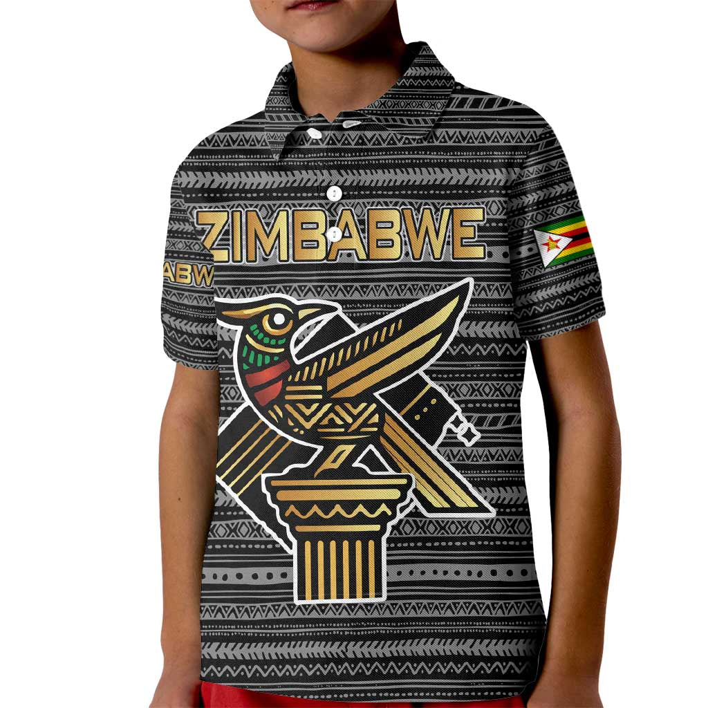 Zimbabwean Bird Statue Kid Polo Shirt Tribal Pattern with National Flag Patch and Heritage Symbol