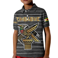 Zimbabwean Bird Statue Kid Polo Shirt Tribal Pattern with National Flag Patch and Heritage Symbol