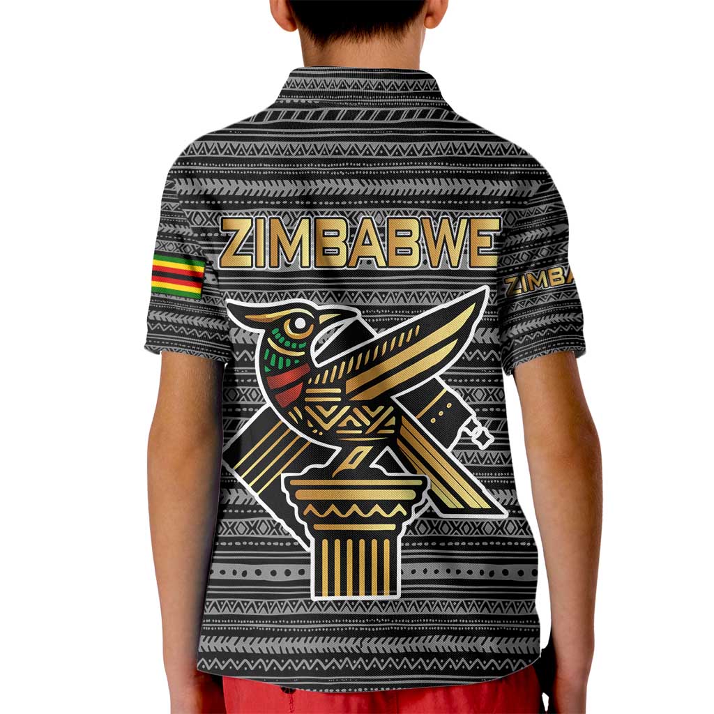 Zimbabwean Bird Statue Kid Polo Shirt Tribal Pattern with National Flag Patch and Heritage Symbol