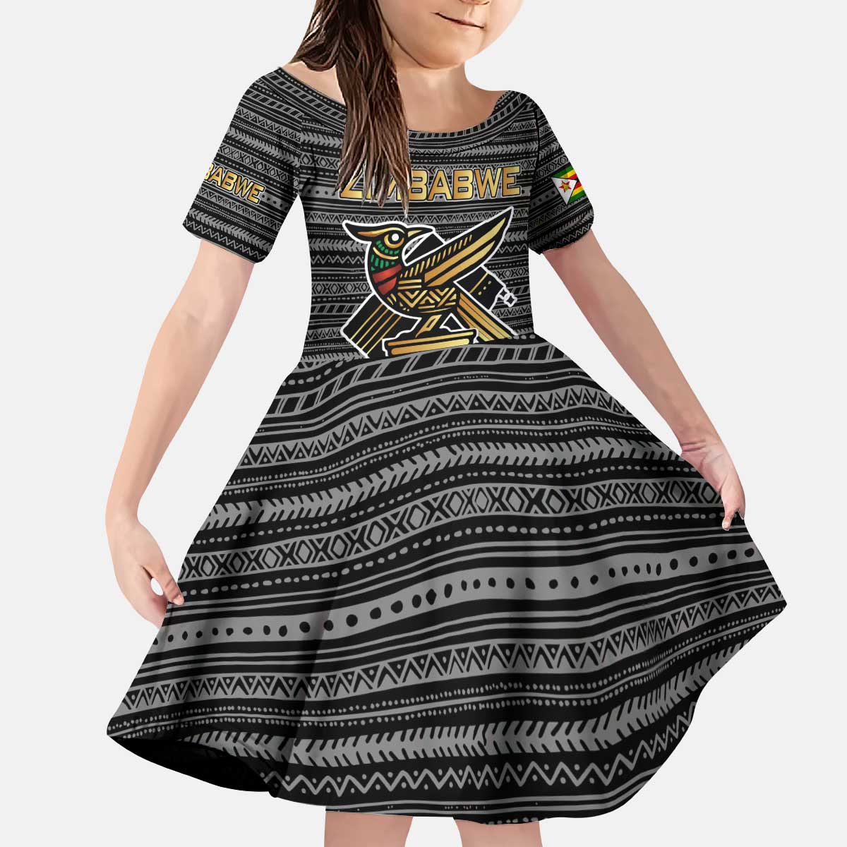 Zimbabwean Bird Statue Kid Short Sleeve Dress Tribal Pattern with National Flag Patch and Heritage Symbol