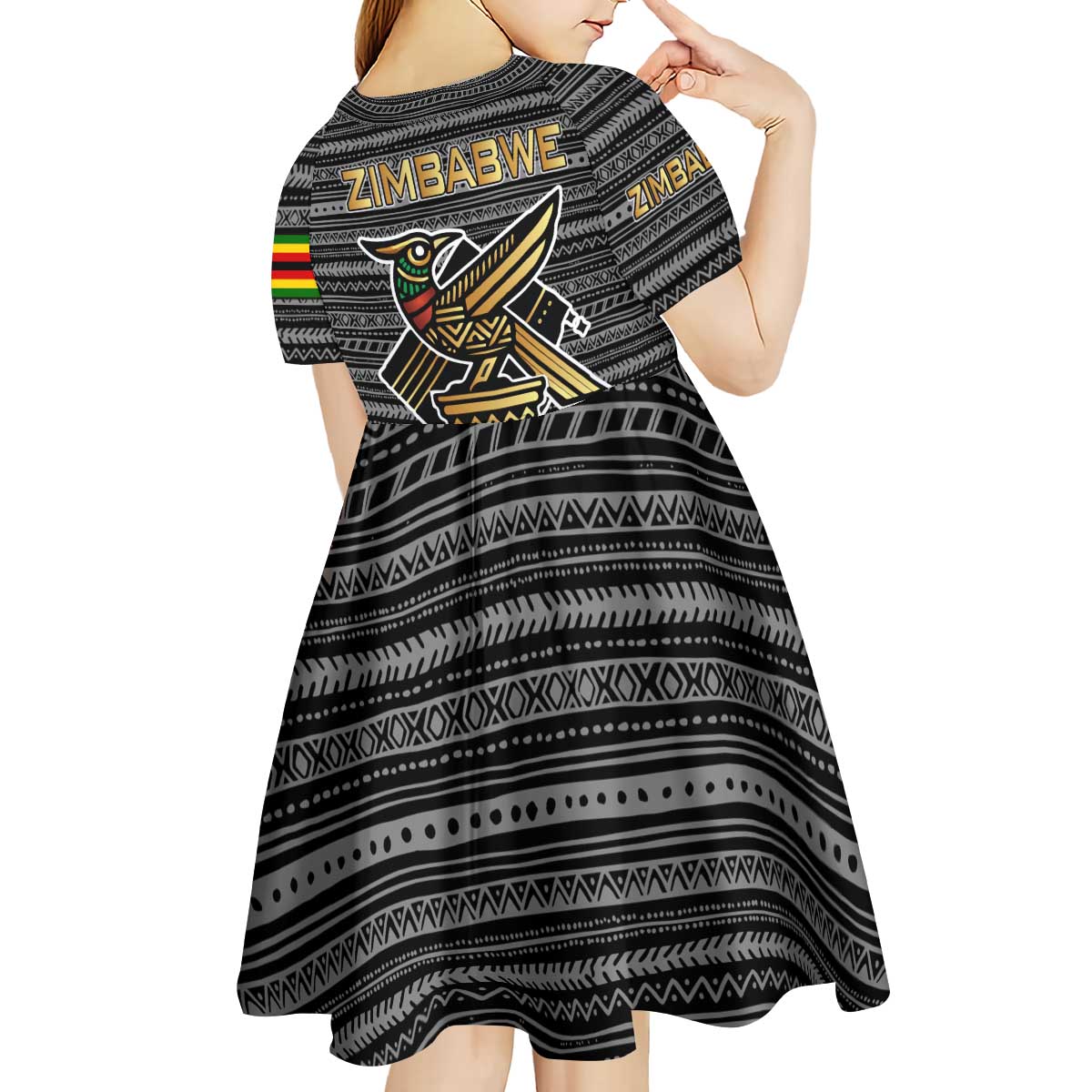 Zimbabwean Bird Statue Kid Short Sleeve Dress Tribal Pattern with National Flag Patch and Heritage Symbol