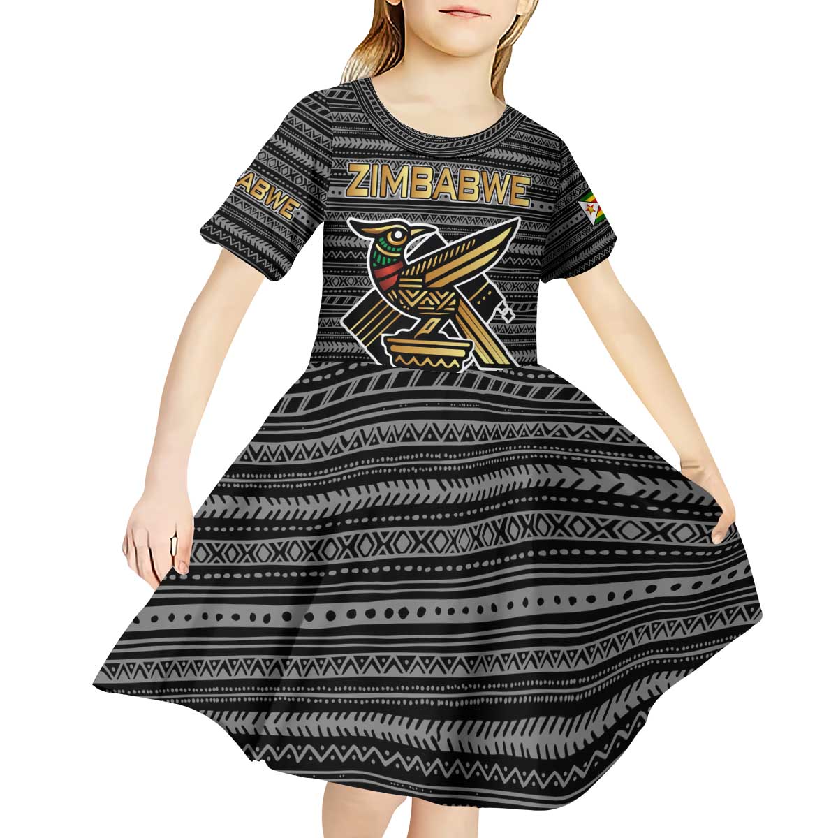 Zimbabwean Bird Statue Kid Short Sleeve Dress Tribal Pattern with National Flag Patch and Heritage Symbol