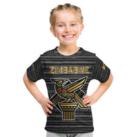 Zimbabwean Bird Statue Kid T Shirt Tribal Pattern with National Flag Patch and Heritage Symbol