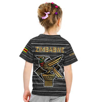 Zimbabwean Bird Statue Kid T Shirt Tribal Pattern with National Flag Patch and Heritage Symbol