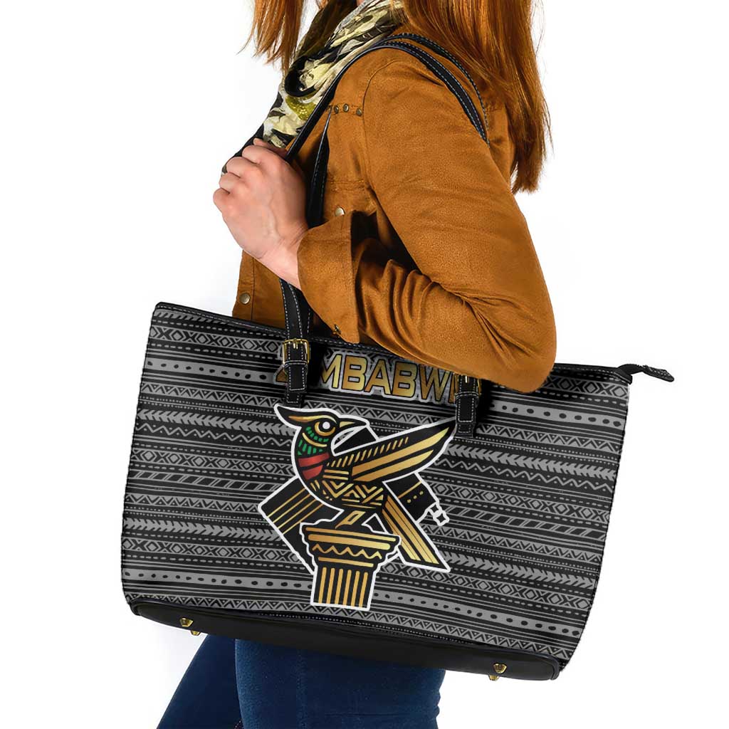 Zimbabwean Bird Statue Leather Tote Bag Tribal Pattern with National Flag Patch and Heritage Symbol