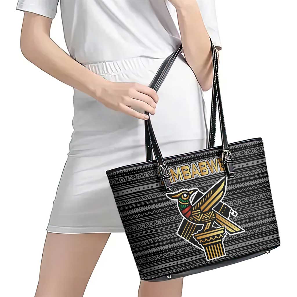 Zimbabwean Bird Statue Leather Tote Bag Tribal Pattern with National Flag Patch and Heritage Symbol
