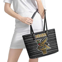Zimbabwean Bird Statue Leather Tote Bag Tribal Pattern with National Flag Patch and Heritage Symbol