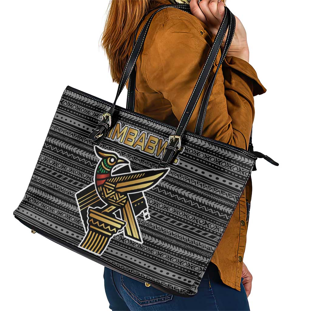 Zimbabwean Bird Statue Leather Tote Bag Tribal Pattern with National Flag Patch and Heritage Symbol