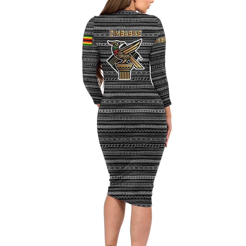 Zimbabwean Bird Statue Long Sleeve Bodycon Dress Tribal Pattern with National Flag Patch and Heritage Symbol