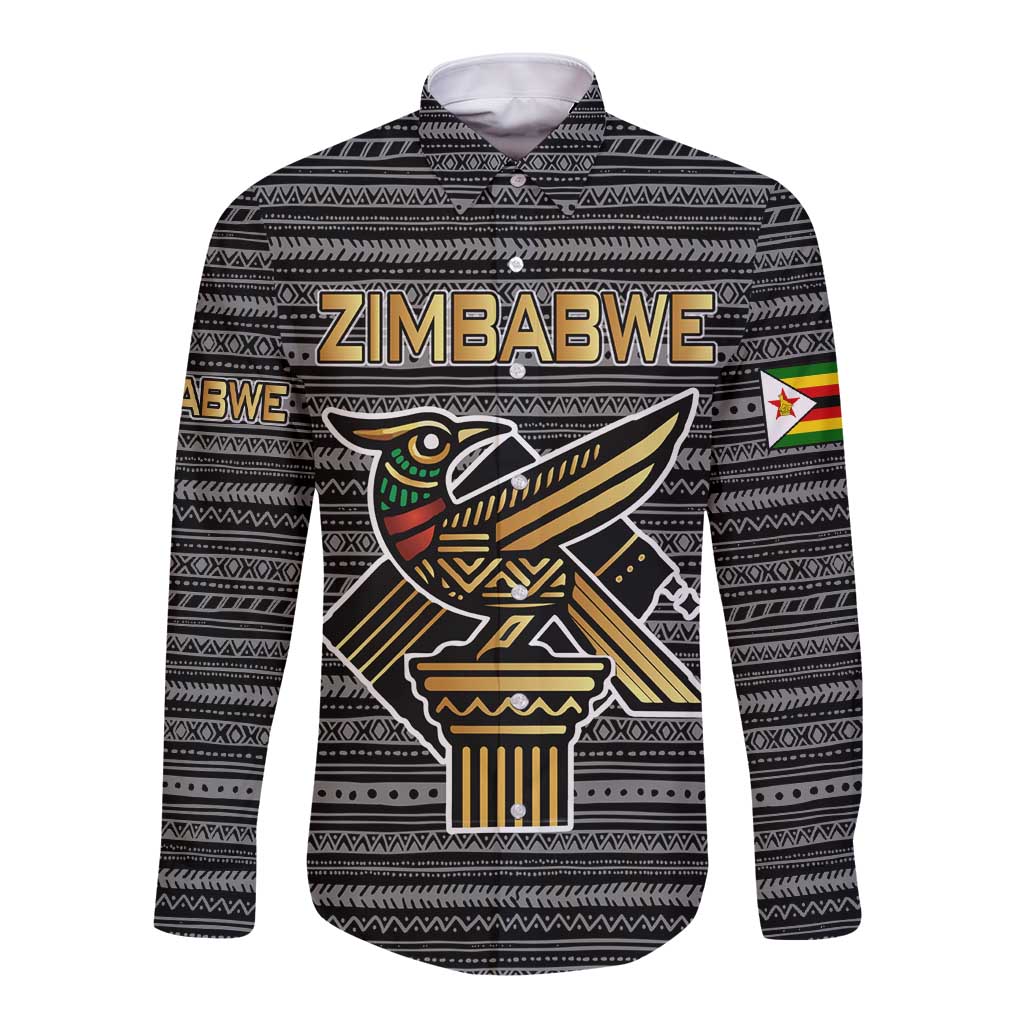 Zimbabwean Bird Statue Long Sleeve Button Shirt Tribal Pattern with National Flag Patch and Heritage Symbol