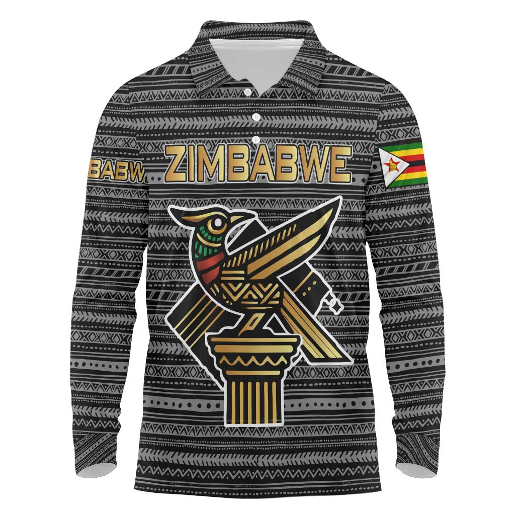 Zimbabwean Bird Statue Long Sleeve Polo Shirt Tribal Pattern with National Flag Patch and Heritage Symbol
