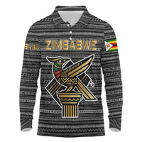 Zimbabwean Bird Statue Long Sleeve Polo Shirt Tribal Pattern with National Flag Patch and Heritage Symbol