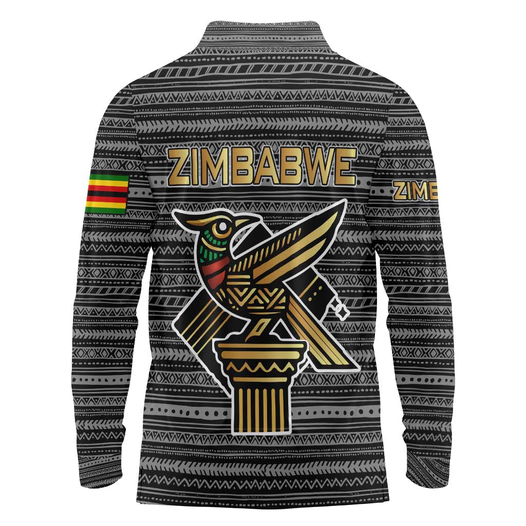 Zimbabwean Bird Statue Long Sleeve Polo Shirt Tribal Pattern with National Flag Patch and Heritage Symbol